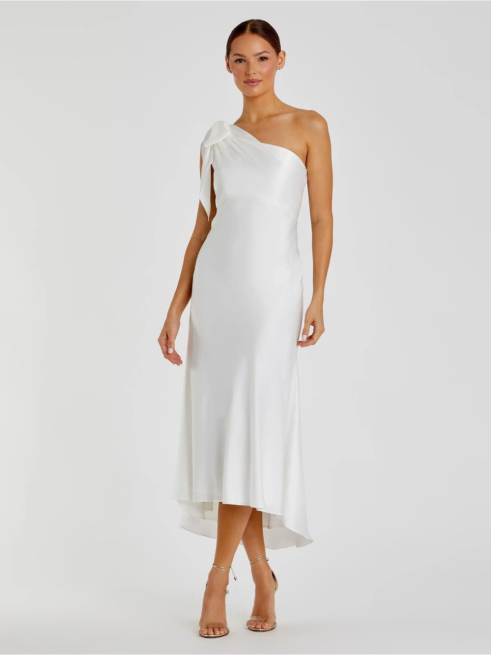 Mac Duggal White Satin One Shoulder Midi Dress
